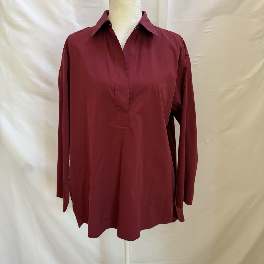 Lafayette 148 New York Women Burgundy Long Sleeve V Neck Blouse L Cotton Blend